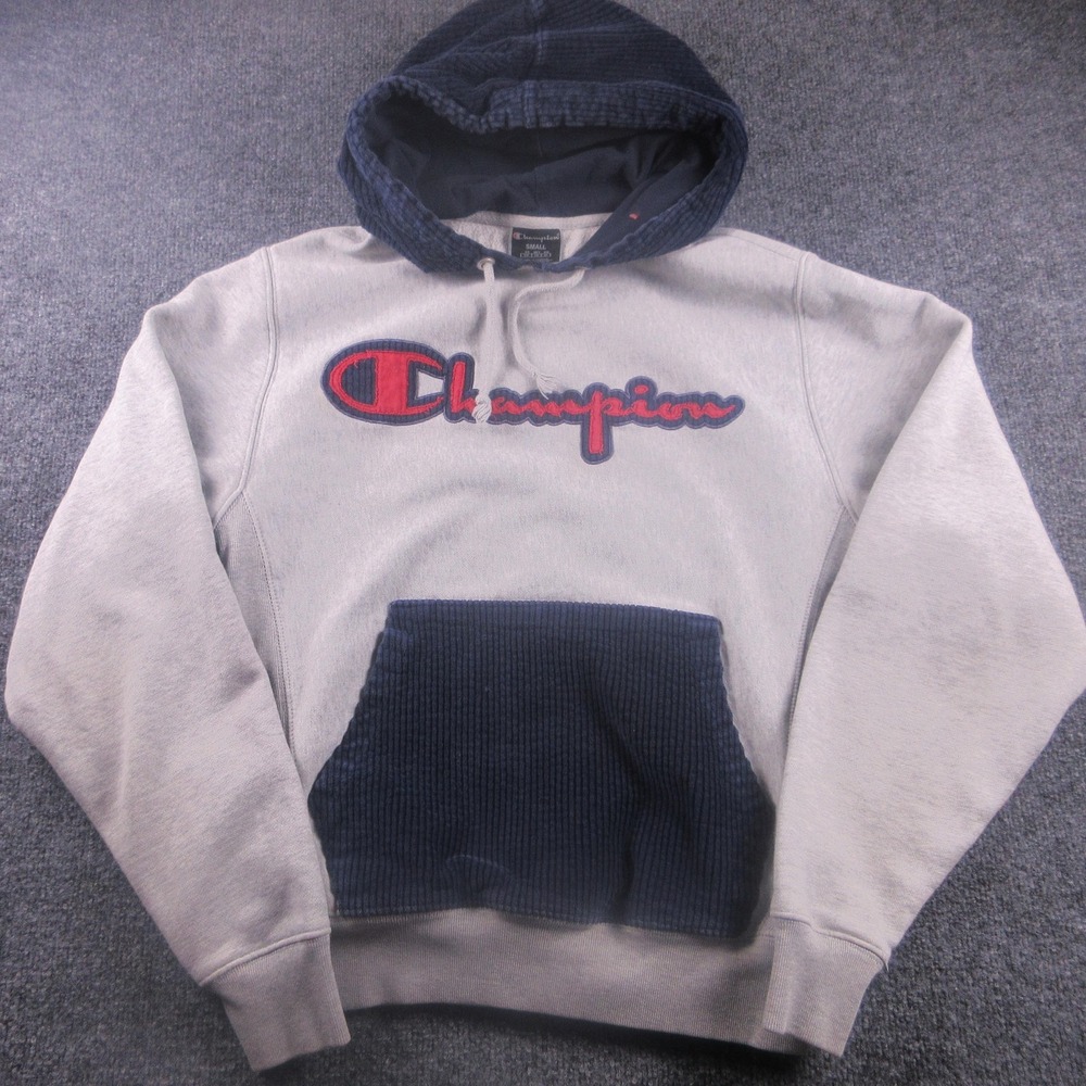 Champion Hoodie Mens Small Gray Corduroy Hood Kangaroo Pocket Fleece Pullover